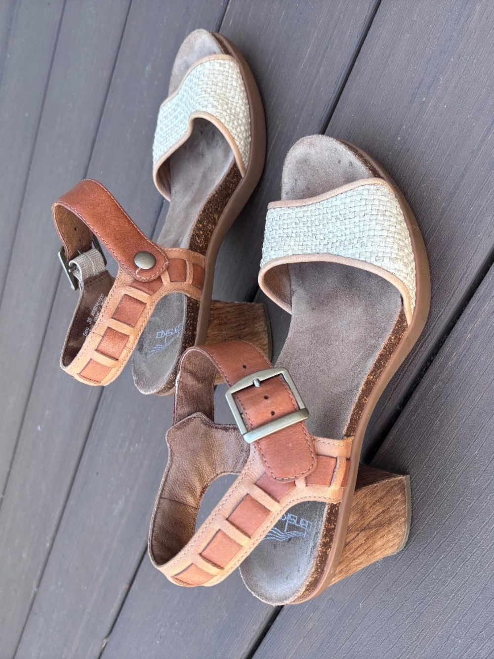 Dansko Debby Size 38 (7.5 / 8) Cream Tan Strap Sandals Block Heel Open Toe Shoes